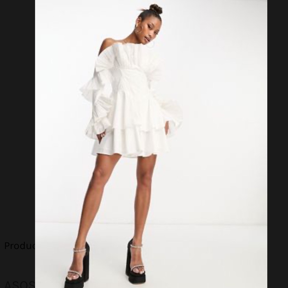 ASOS LUXE pleated off shoulder cotton poplin mini skater dress in white